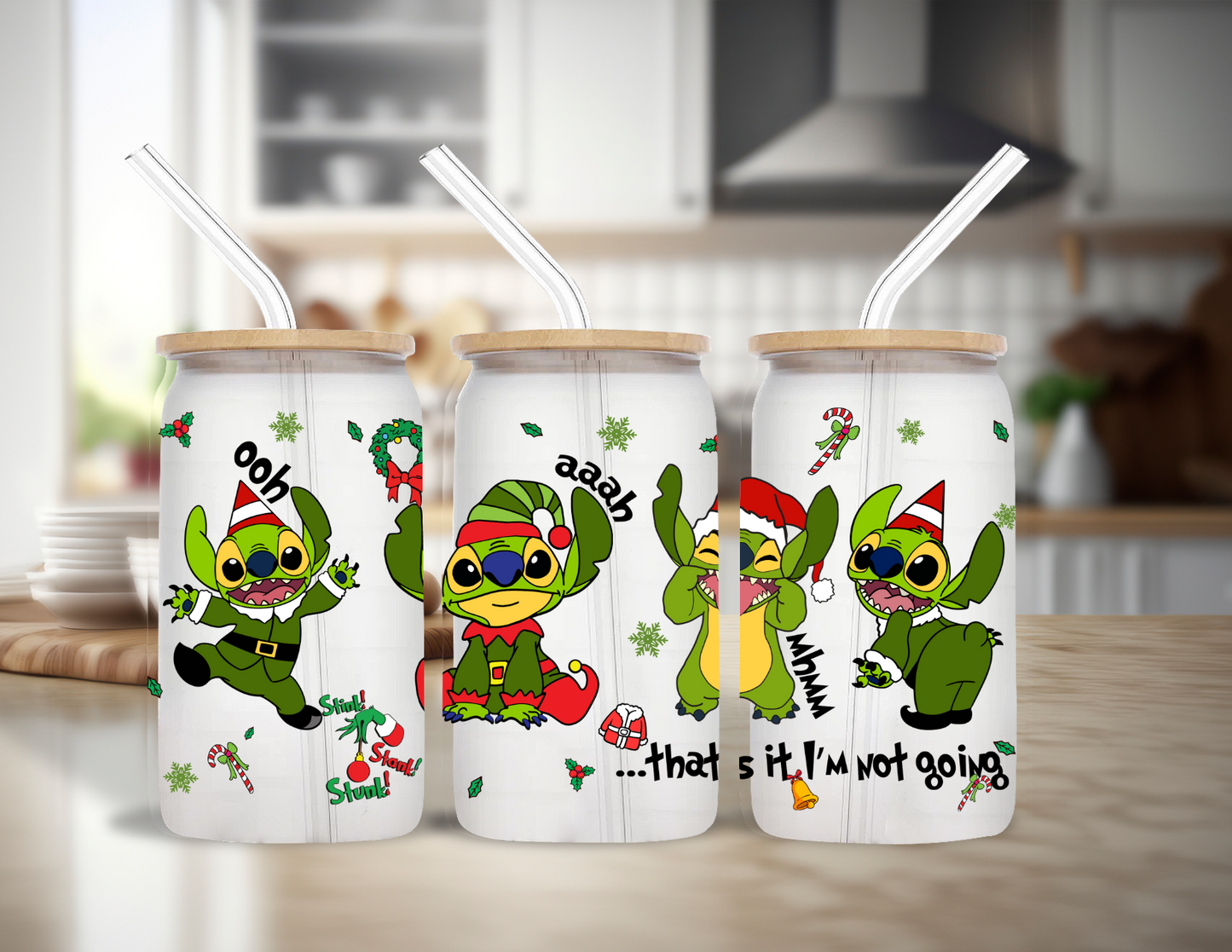 Naughty Stitch the Grinch Glass Cup